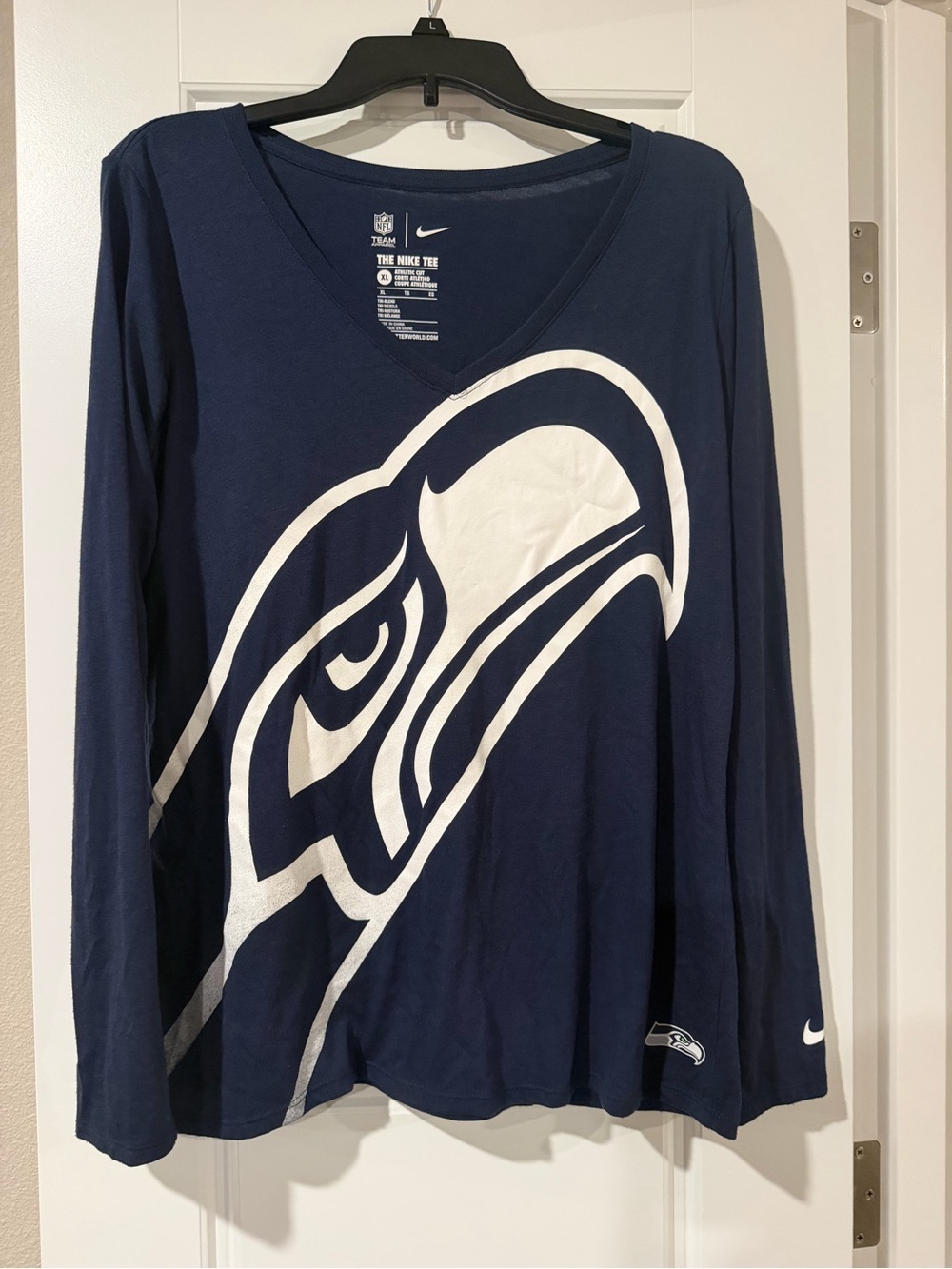 Nike Women's Seattle Seahawks Navy Long Sleeve V-Neck Tee with White Logo